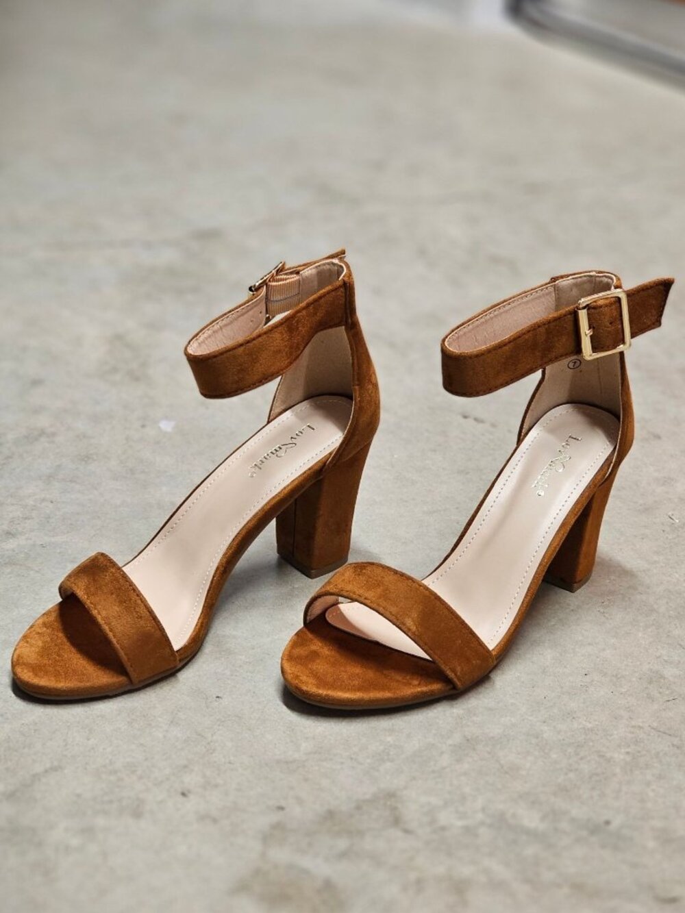 Tan Faux Suede Block Heel Sandals With Adjustable Ankle Strap Open Toe Design Wo